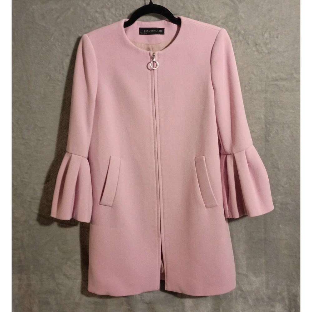 Zara Pink Ruffle Bell Sleeve Coat Lined Full Zip Sz XS Peacoat - Picture 4 of 13